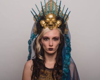 Virgin Mary Halo Day of the Dead Headpiece Gold Skulls Dia de los Muertos Headdress Blue Black Veil Mantilla Costume Blessed Mother
