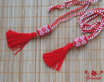 Long necklace Tassel necklace red white embroidered necklace bohemian jewelry Crochet beaded glass necklace red cord necklace gift for women