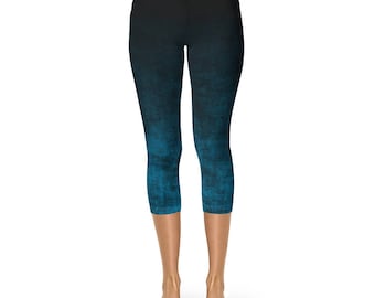 Capri Yoga Leggings - Grunge Leggings, Black and Blue Ombre Yoga Pants