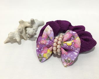 Ribbon chou-chou, Japanese kimono chou-chou, Japanese yukata chou-chou, Silk crepes, Handmade