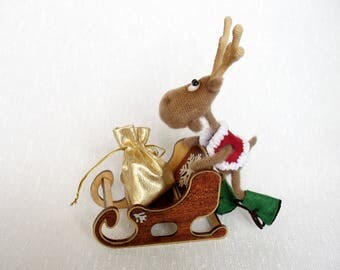 Christmas gift Christmas Deer with wooden sled Christmas decor Christmas Toys Crochet Deer doll Santas Deer Stuffed Deer with sleigh