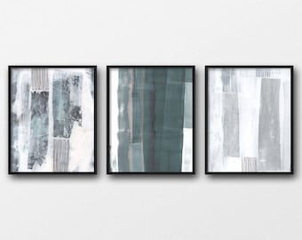 Neutral Home Decor, Abstract Painting, Geometric Art, Printable Blue And Grey Art Set of 3 Prints, Textured Painting, Abstract Wall Art Set