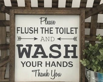 Please Flush The Toilet, Wash Your Hands, Bathroom Sign, Wood Framed Sign, Rustic Decor, Farmhouse Decor, Handwritten Font, Gallery Wall