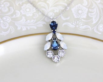 Crystal Bridal necklace, Navy blue necklace, Bridal jewelry, White opal necklace, Bridesmaid necklace, Opal crystal, Swarovski necklace