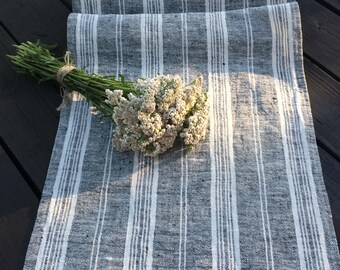 Linen Table Runner, Black and White Table runner, Dark White Striped Table Runner, Rustic Table Runner, Eco