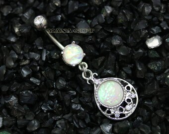White Opal Tear Drop Navel Ring, Silver Tear Dangle Belly Button Ring, Silver Belly Jewelry, Belly Piercings, BUHBJ 6S