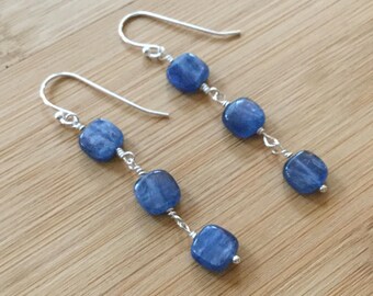 Blue Kyanite Square Drop Earrings, Sterling Silver Earrings, Kyanite Earrings, Blue Beaded Earrings, Long Earrings, Gemstone Earrings