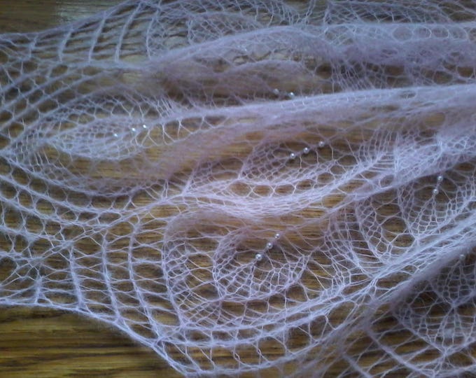 Knitted shawl, light pink shawl, knit shawl with beads, knit scarf, triangular scarf, bridal mohair shawl, openwork scarf, wedding wrap