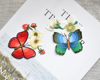 Butterfly patch ,Iron-on blue red butterfly patch ,butterfly embroidered patch
