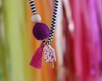 Pink Rhinestone Popsicle - Children's Felt Ball Popsicle Tassel Necklace