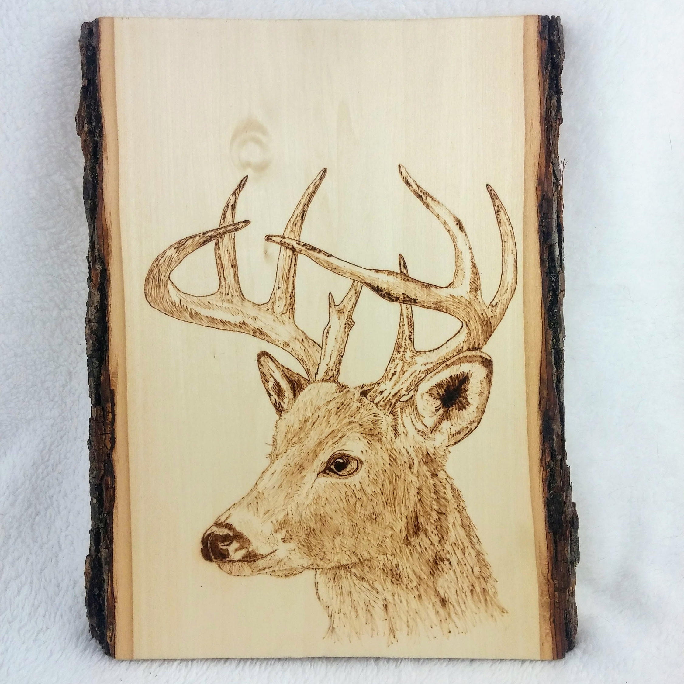 Custom deer head wall art woodburning on live edge wood