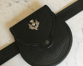 Vintage Tribal Leather Belt and Side Pouch // Size Small // Leather Festival Bag // Removable Pouch