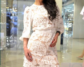 White dress lace - Short dress - Summer sarafan- Summer dress