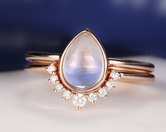 Moonstone Engagement Ring Rose Gold Vintage Delicate Minimalist Diamond Wedding Bridal jewelry Simple Pear Shaped Cut Stacking Alternative