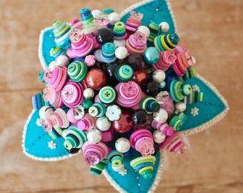 Button Bouquet with beaded felt leaves