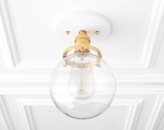 Glass Globe Light - Semi Flush Ceiling Lamp - Glass Pendant Globe - Modern Gold Fixture - Hardwired Lights
