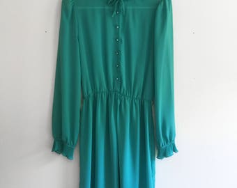 80s Teal Ruffle Collar and Sleeve Sheer Dress