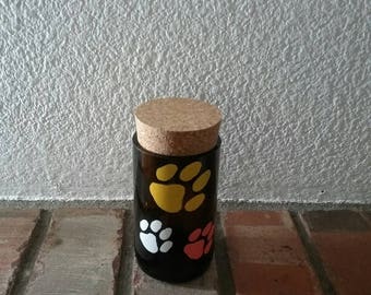 Dog lover kicthen decor, Dog treat jar, Dog lovers gift with painted paws, small dog treat container, Recycled beer bottle art