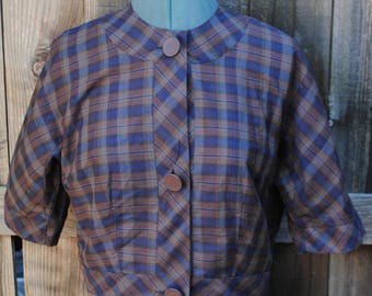 Vintage 1950s Nelly Don plaid button down shirt top