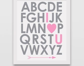 Alphabet I Love You and Arrow, Gray Pink Nursery