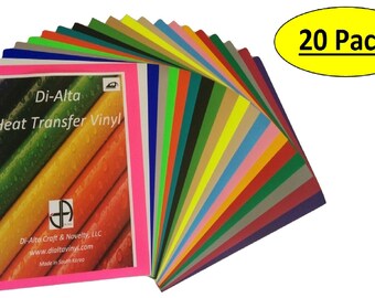 Di-Alta Craft Premium Heat Transfer Vinyl Sheet Bundle 12"x10" 20 Pack Assorted Colors DIY T-Shirt HTV Mistake Tolerant Silhouette, Cricut