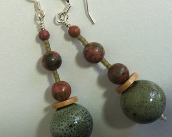 Green & salmon abstract dangle earrings