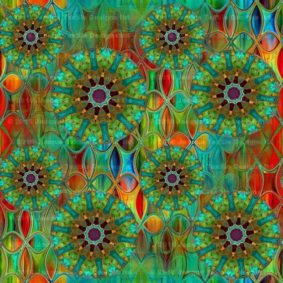 Handmade Velvet Upholstery Fabric Kaleidoscope Green Blue Red Shimmer Fiber Art Fabric
