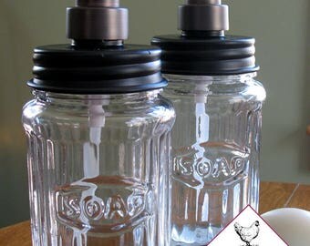 Hoosier Jar Soap Dispenser, Farm house kitchen decor, Hoosier Cabinet Soap Jar Dispenser. black metal soap pump