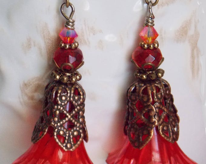 Dangle Flower Earrings Red Victorian Earrings Copper Brass Swarovski Crystal Fire Opal Mixed Earrings Holiday Jewelry Vintage Style Gift