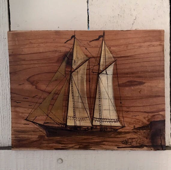 Ink Drawing of Ship on Wooden Board Signed Coastal Beach