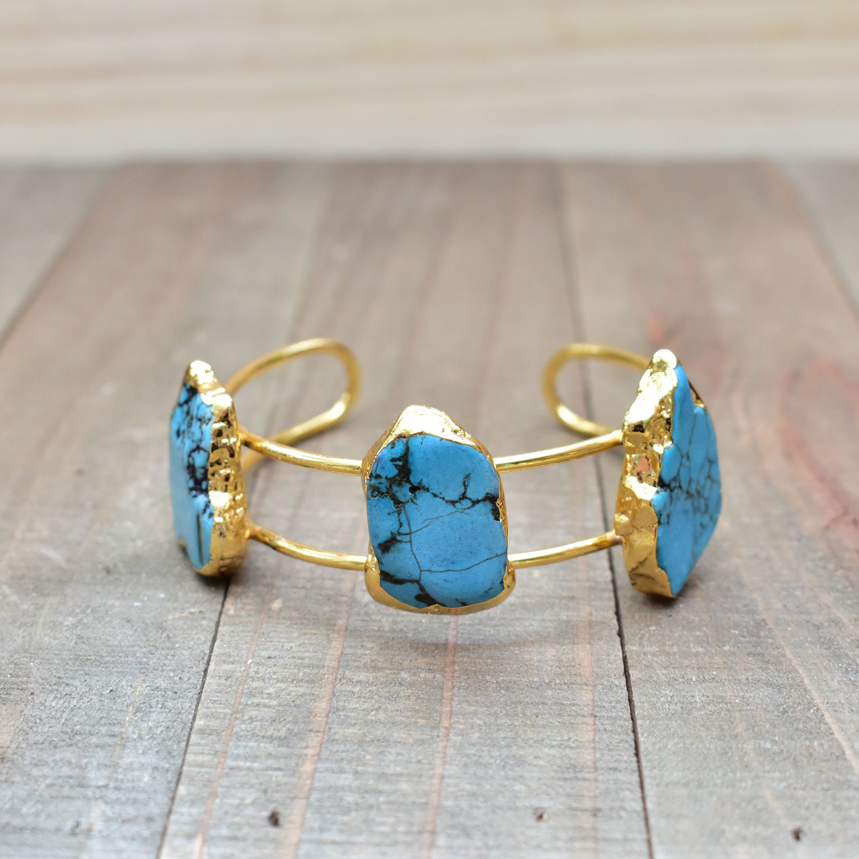 Triple Turquoise Statement Cuff Bracelet/ Natural Stone Gold