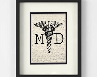 Doctor Gift - MD and Caduceus over Vintage Medical Book Page - MD Graduation, Medical Student Gift, Medical School Graduation, MD Gift
