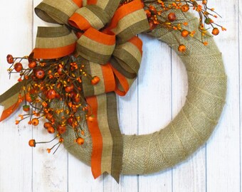 Fall Wreath, Autumn Wreath, Fall Burlap Wreath, Rustic Decor, Fall Country Wreath