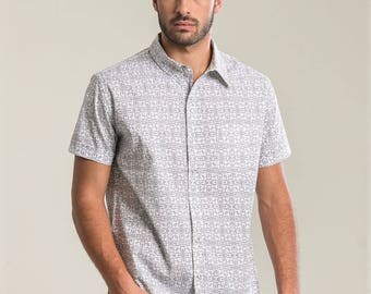 Mens Fashion Shirt White Button Down Shirt Short Sleeve Shirt Button Up Shirt Arabesque Printed Shirt Slim Fit Shirt