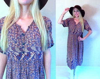 vtg 90s ETHNIC PRINT grunge Midi DRESS os rayon boho hippie festival gypsy maxi