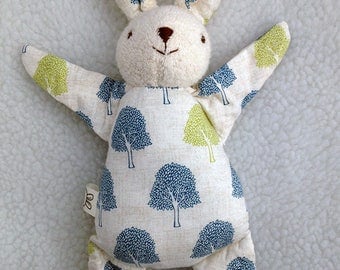 blue and green bunny rabbit toy, rag doll, stuffed animal, baby shower gift