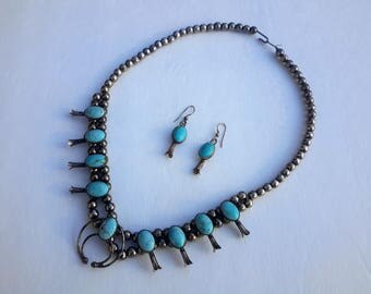 Navajo Sterling Squash Blossom Necklace and Matching Earrings Turquoise Childs / Petite Size 19"
