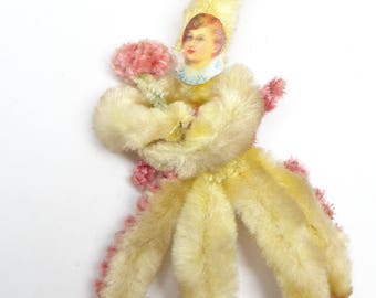 Vintage Chenille Christmas Ornament, Paper Scrap Girl with Roses