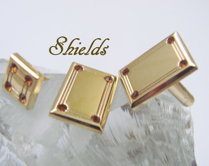 Modernist Vintage Designer Signed Shields Cuff Links & Tie Tack / Topaz Rhinestones / Wedding / Mens Dress Set / Suit Accessories