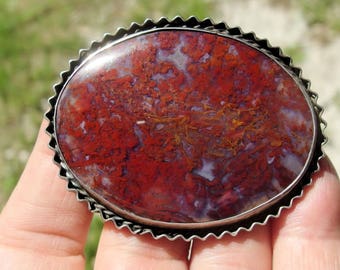 Large Rio Grande Filament or Plume Agate Pin/Pendant, Vivid Red, Gold Swirls with Milky White Matrix, Solid Silver Back, Pie Crust Border