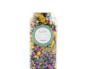 Sweetapolita Twinkle Sprinkles- Fancy Fete 8oz. (Net wt. 7oz) yellow, purple, green, gold