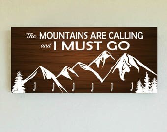 Race Medal Holder /  Race Medal Hanger "The Mountains are Calling and I Must Go". Wall Mounted Wood Medal Organizer. CUSTOMIZATiON Available