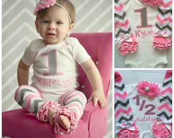 Baby Girl 1st Birthday Outfit - 1st birthday photo prop - baby legwarmers - smash cake outfit - birthday girl outfit - pink grey chevron