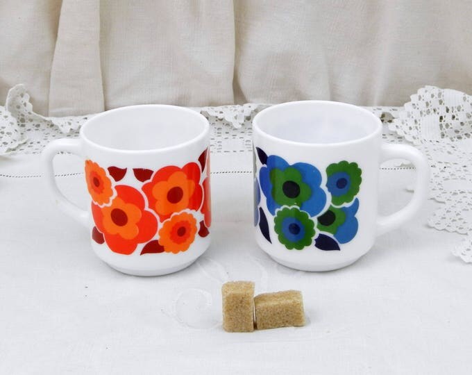 2 Vintage Arcopal Mid Century French White Milk Glass with Orange, Red, Blue and Green Retro Flower Pattern Coffee Mugs, Pair 1960s Cups