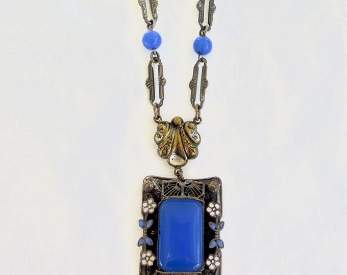 Czech Glass Necklace, Periwinkle Beads, Filigree Enamel Pendant, Paperclip Chain, Vintage Czech Jewelry
