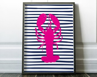 Lobster Printable Art | Striped Lobster Art Print | Nautical Wall Decor | Navy, Hot Pink | Instant Digital Download | Wall Decor | Preppy