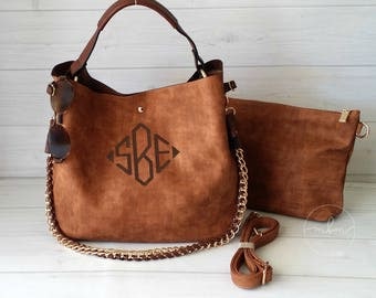 Monogrammed Purse - Brown Hobo Purse - Distressed Brown Hobo Bag - Monogram Purse-Gift For Her-Personalized Bag - Bucket Bag- SHIPS In 2 Wks