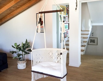 Hanging Chair in Macrame. 1 Year Warranty. Cream cotton ropes, Sustainable dark native wood bars. Fair Trade. 1 hanging point