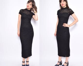 Vintage 90's Black Lace Maxi Dress / Sheer Long Dress - Size Medium