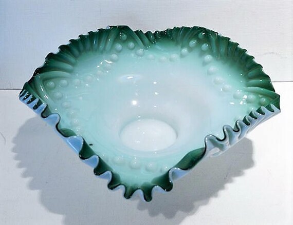 Antique Victorian Art Glass Brides Bowl 1800s Brides Basket Hand Blown Cased Milk Glass with Green Edges Crimped Edge Wedding Bowl Cottage